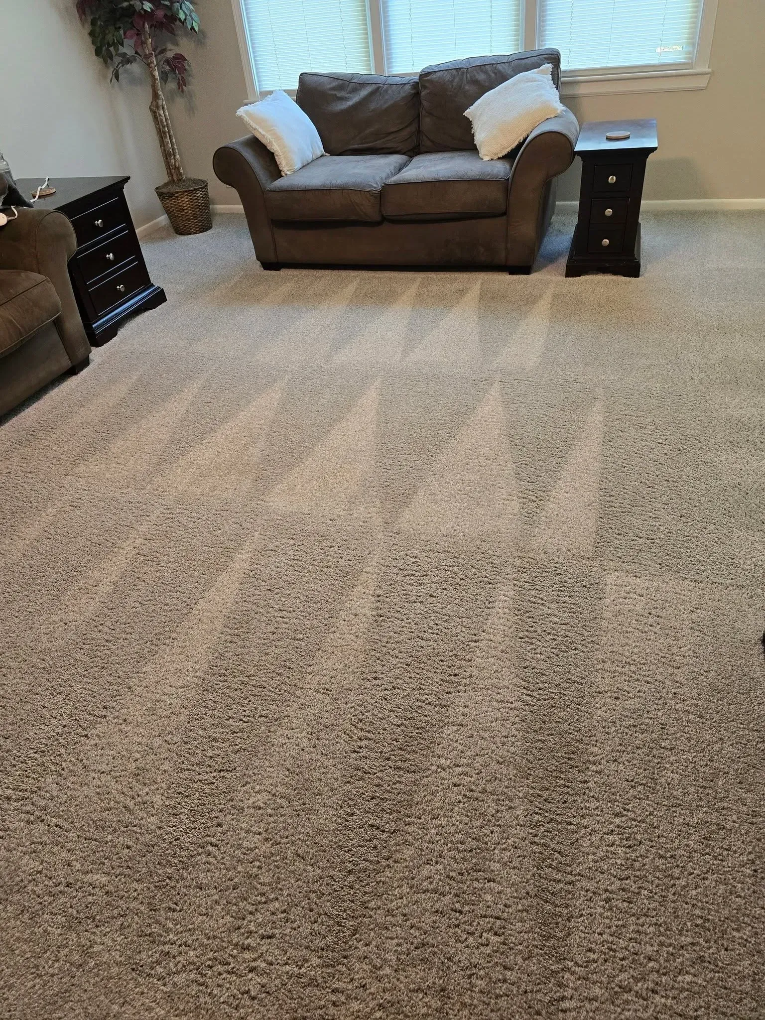 Living room with beige carpet, brown couch, side tables, and windows with blinds