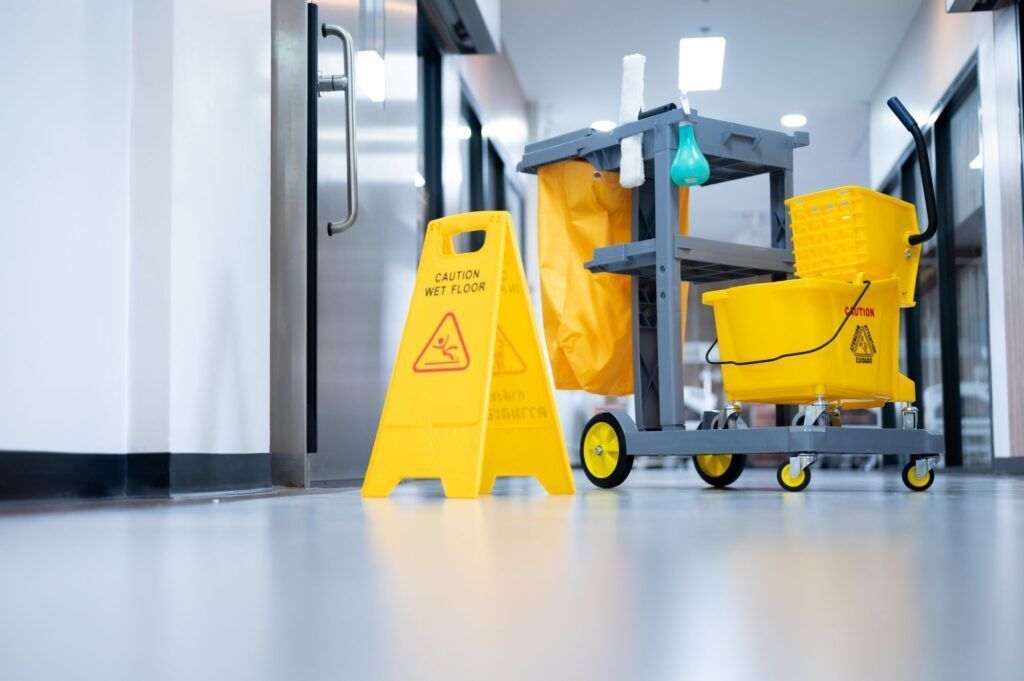 A yellow wet floor sign and a janitorial cleaning cart in a bright, modern office hallway.