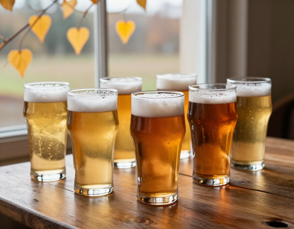 Craft beers in pint glasses with aspen leaves in the window