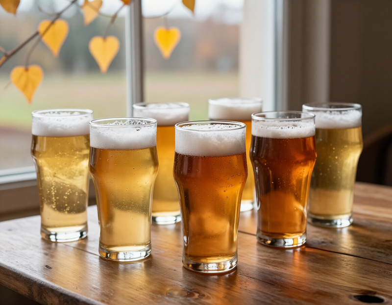 Craft beers in pint glasses with aspen leaves in the window