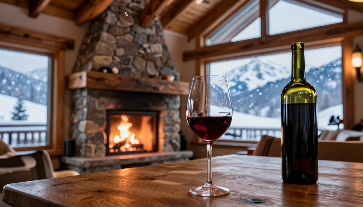 Poured glass of red wine in a mountain home with snow falling outside the window