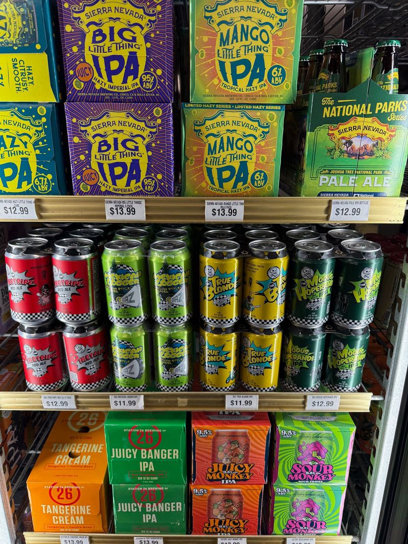 Cold case of Sierra Nevada, Ska and Station 26 craft beer cans and six-packs
