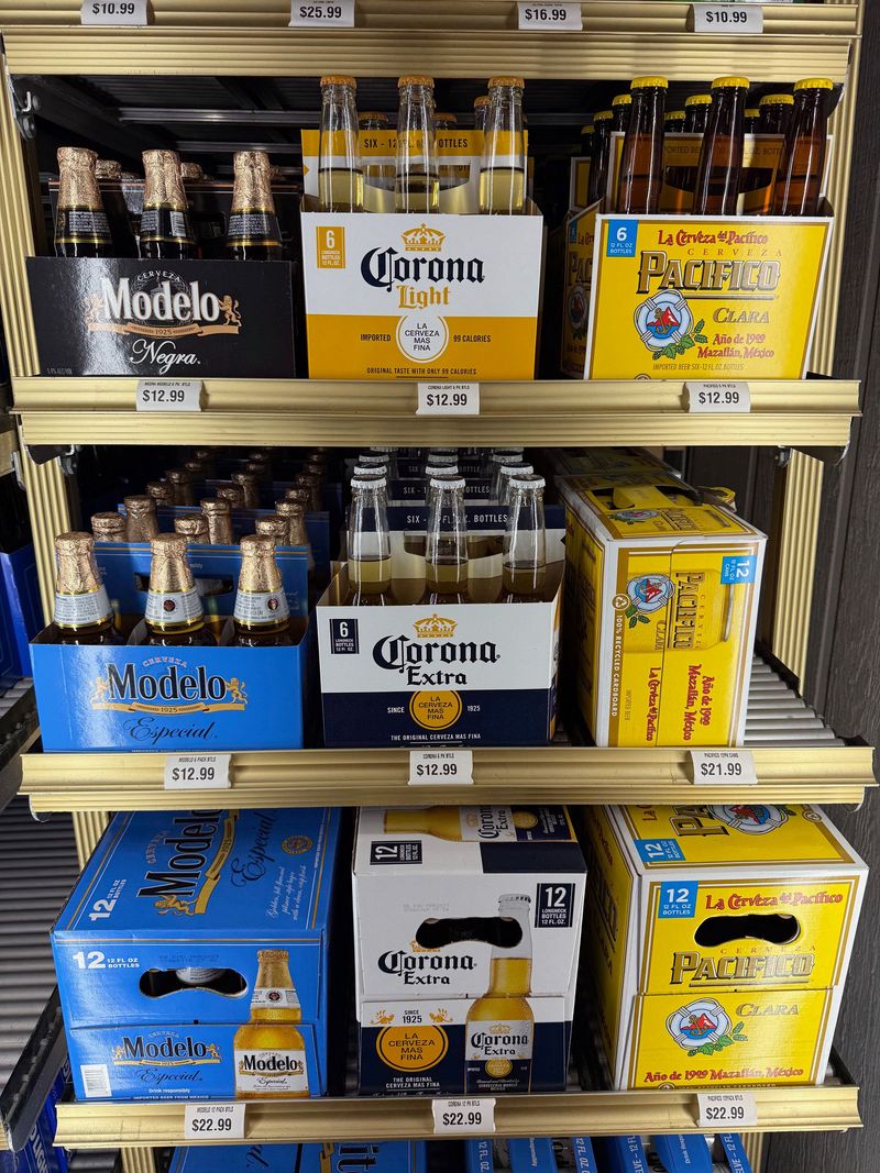 Cold case of Modelo, Corona and Pacifico bottles and cases