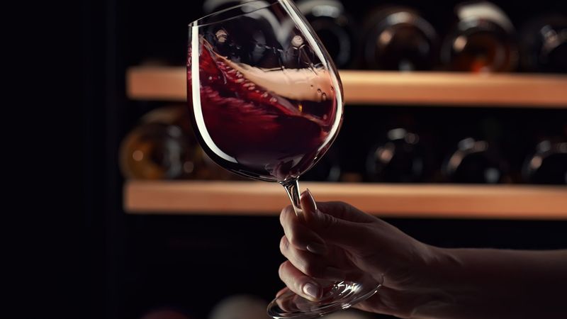Close-up of a hand swirling a glass of red wine in front of a wine cellar