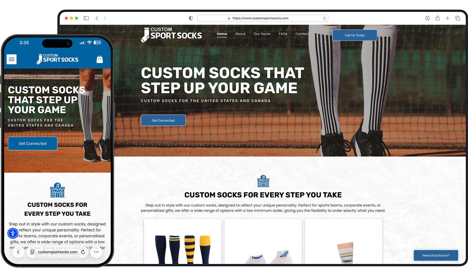 Website mockup: custom sport socks, baseball field backdrop, blue accents. Phone and desktop view.