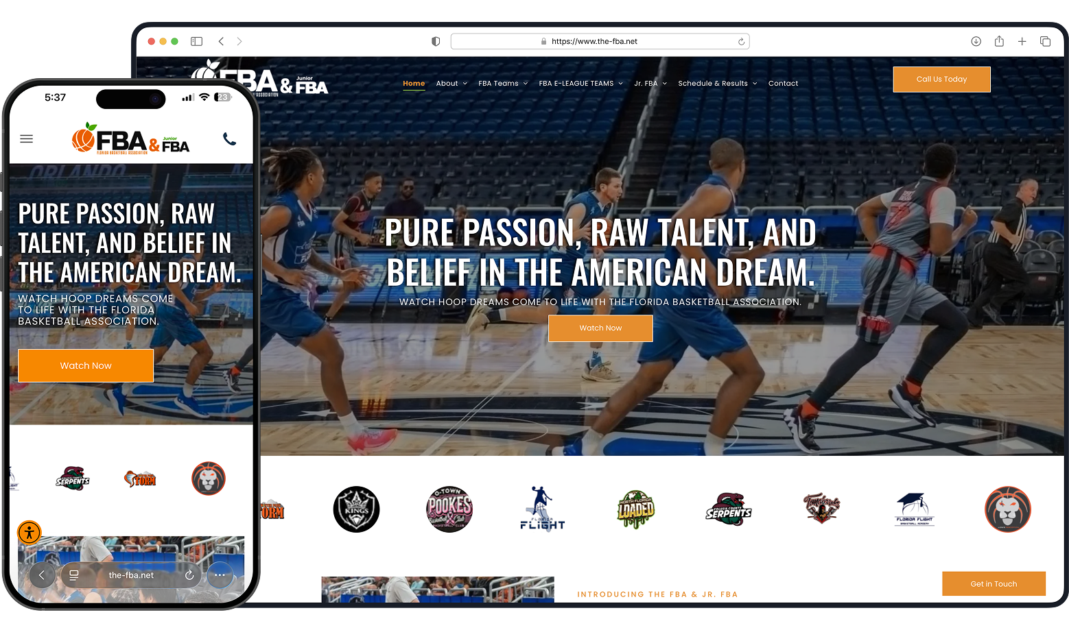 Website homepage on a phone and laptop, featuring basketball players and orange buttons.