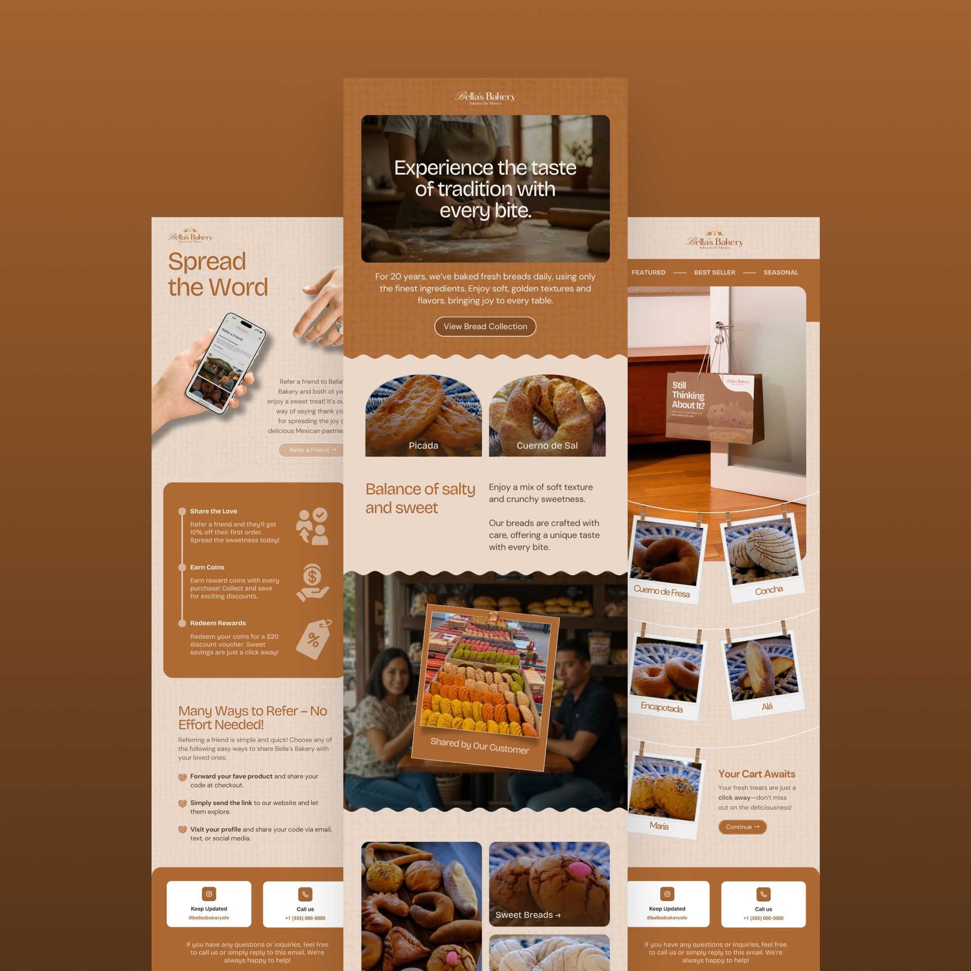 Email layout for a bakery featuring bread products, photos, and promotional text in brown tones.