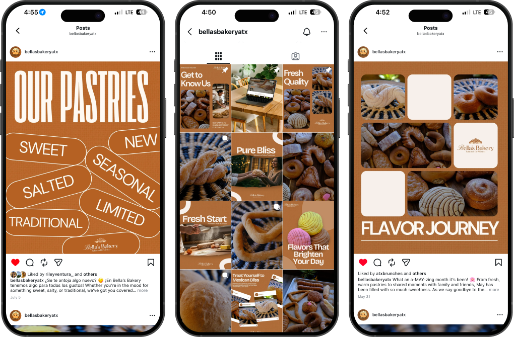 Instagram posts showcasing bakery pastries; text overlay 