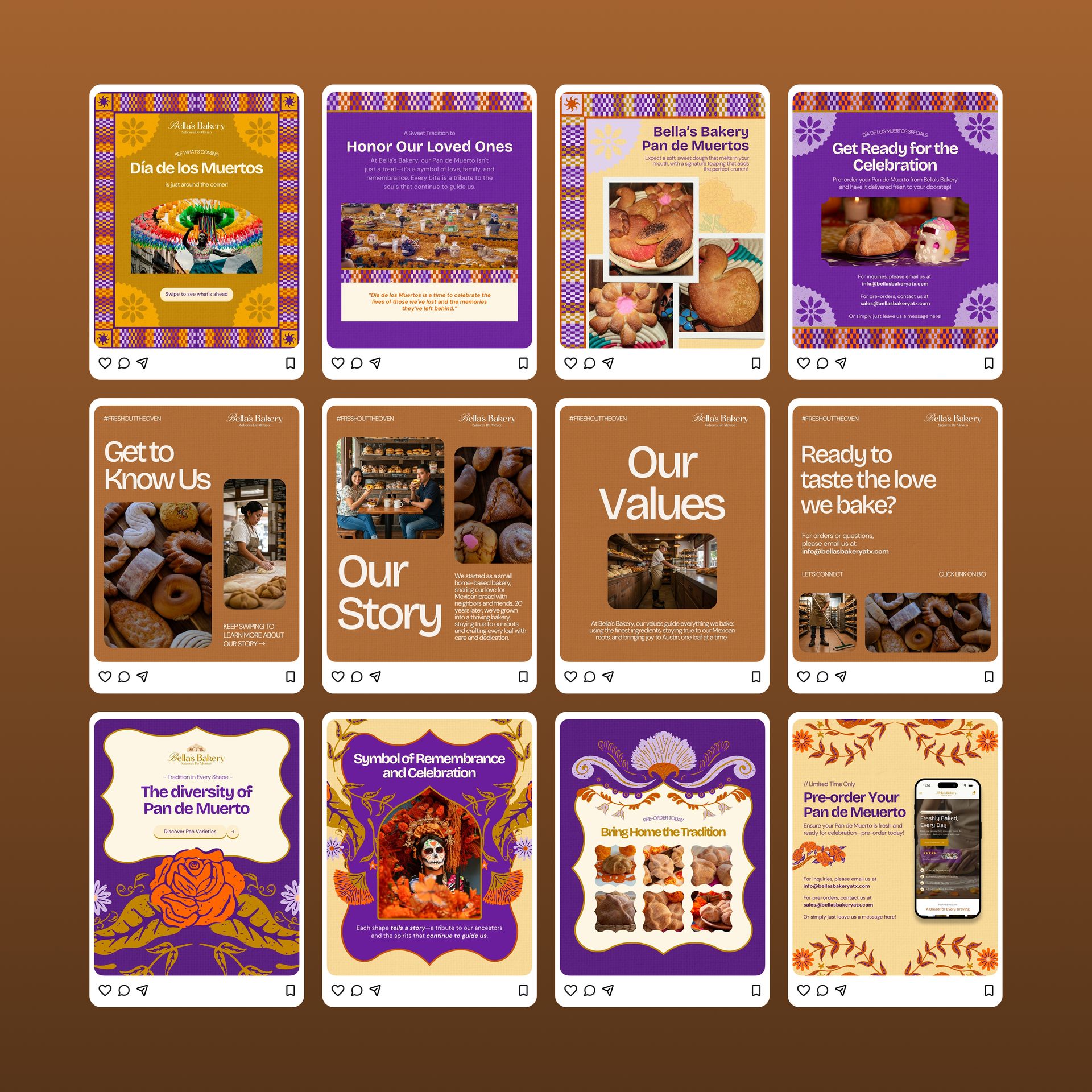 Set of social media posts, promoting food and events with colorful designs and text overlays.
