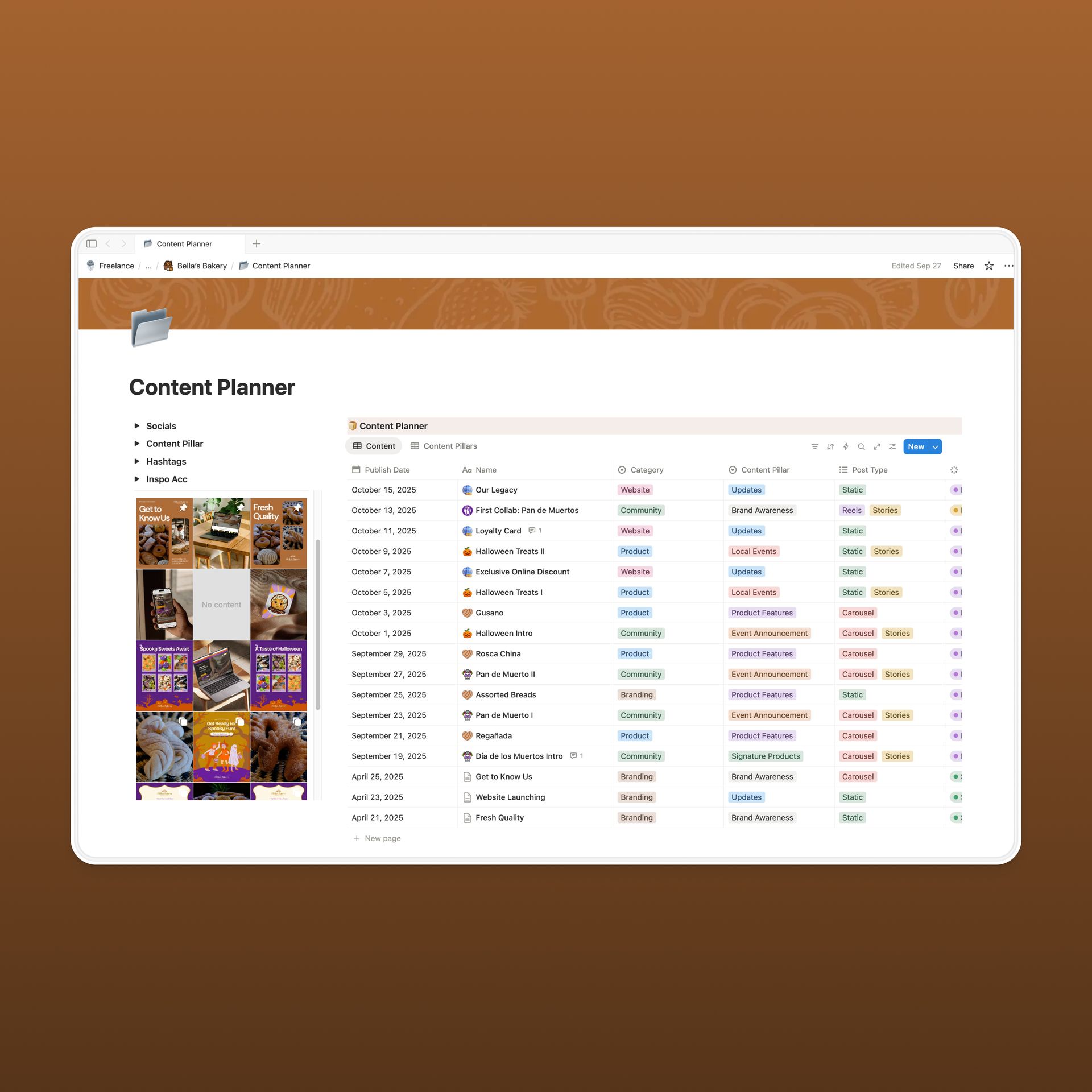 Content planner on a digital tablet, brown background, lists, and images displayed.