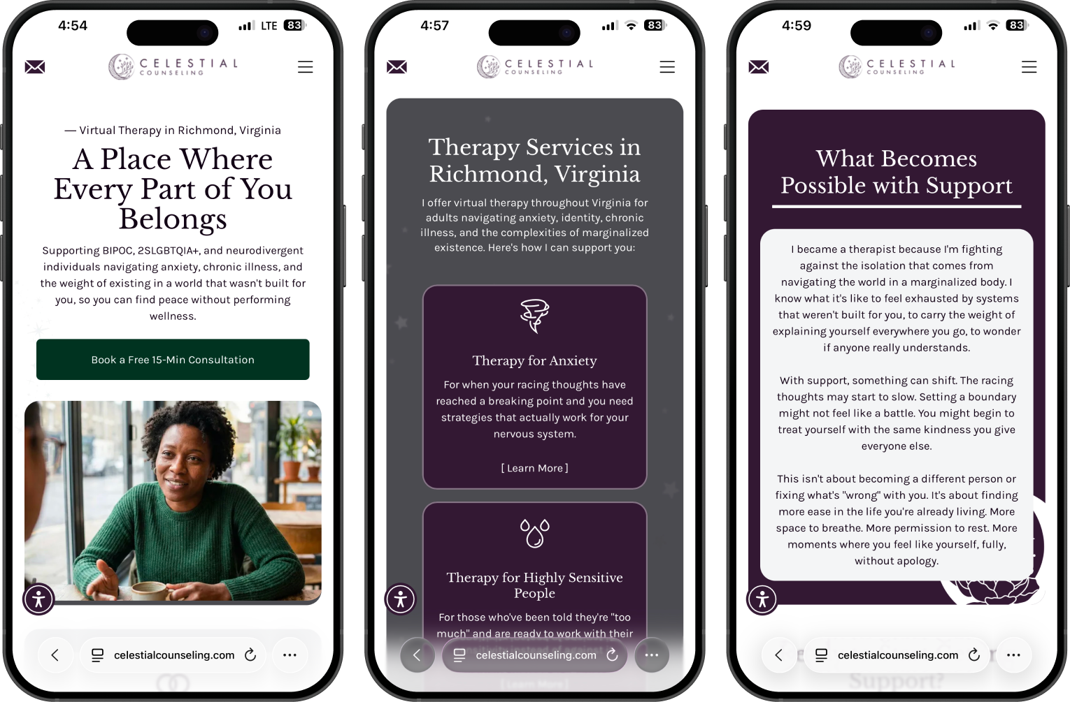 Three mobile screens: therapy website with text, a woman, purple and green elements.