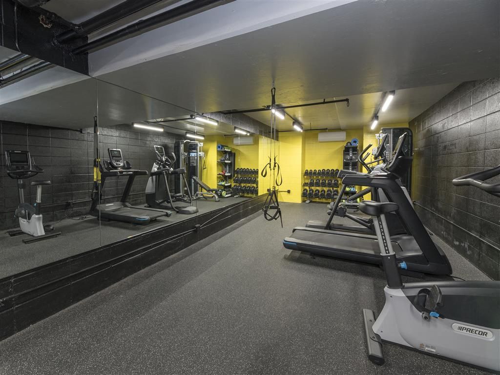 Basement-style fitness center with treadmills, weights, and a large mirror at Tower apartments in Alameda, CA.