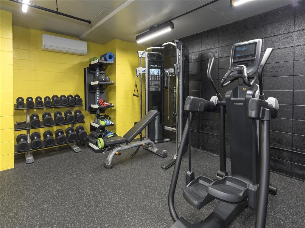 Indoor residential gym with free weights, a bench, and cardio machines at Tower apartments in Alameda, CA.