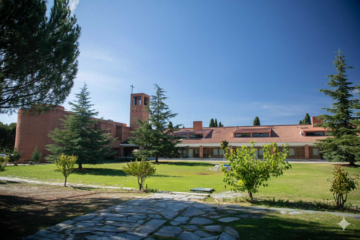 Brick building with a tower, green lawn, trees, and blue sky.