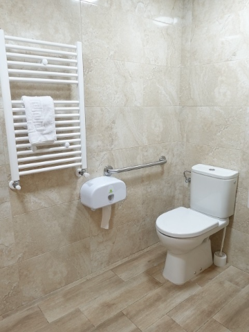 Accessible bathroom with toilet, grab bar, towel warmer, and paper towel dispenser.