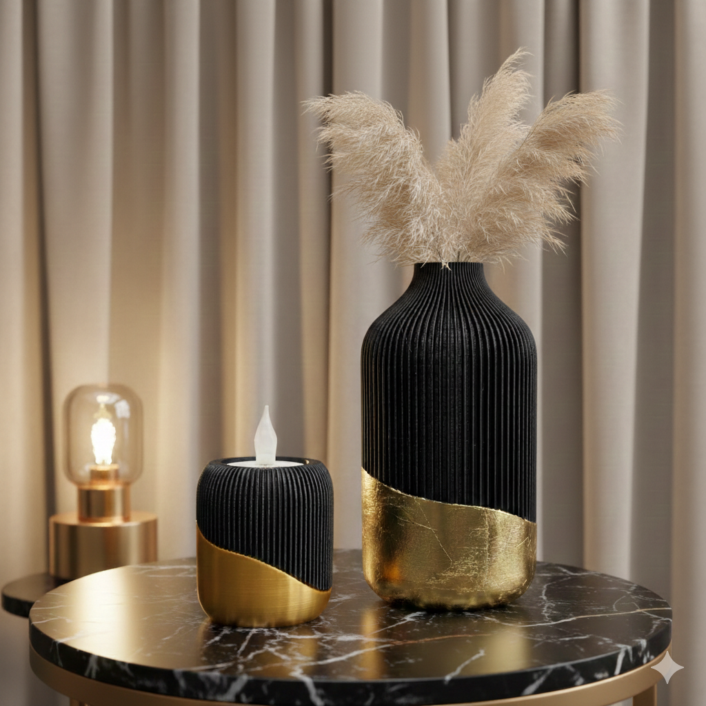 Een kleine kaars en een hoge vaas met pampasgras, beide zwart met gouden voetstukken, staan op een ronde marmeren tafel naast een lamp.