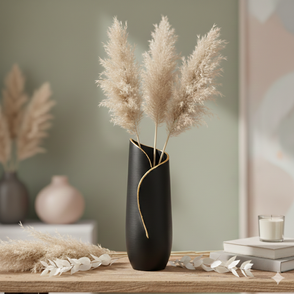Een moderne, matzwarte vaas met gouden rand, gevuld met pampasgras, staat op een houten salontafel in een gezellige, neutraal getinte woonkamer.