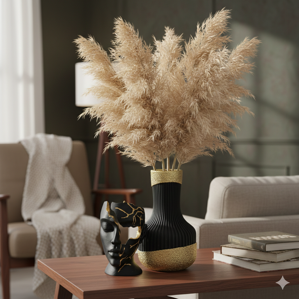 Een decoratieve zwart-gouden vaas gevuld met goudkleurige, bladerrijke takken staat op een donkere houten tafel in een kamer.