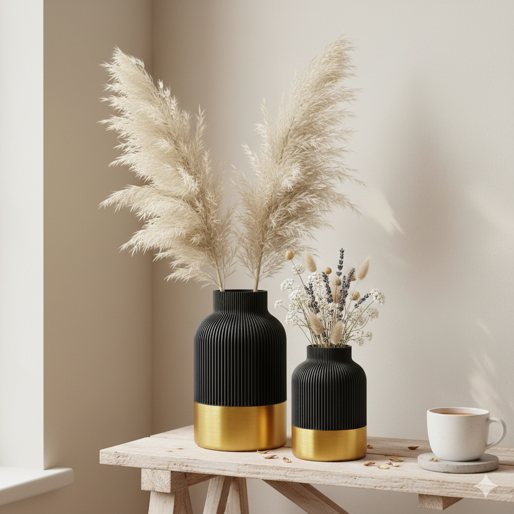 Twee geribbelde zwarte vazen met glanzende gouden voetstukken staan op een houten tafel, naast een brandende kaars en opgestapelde boeken.