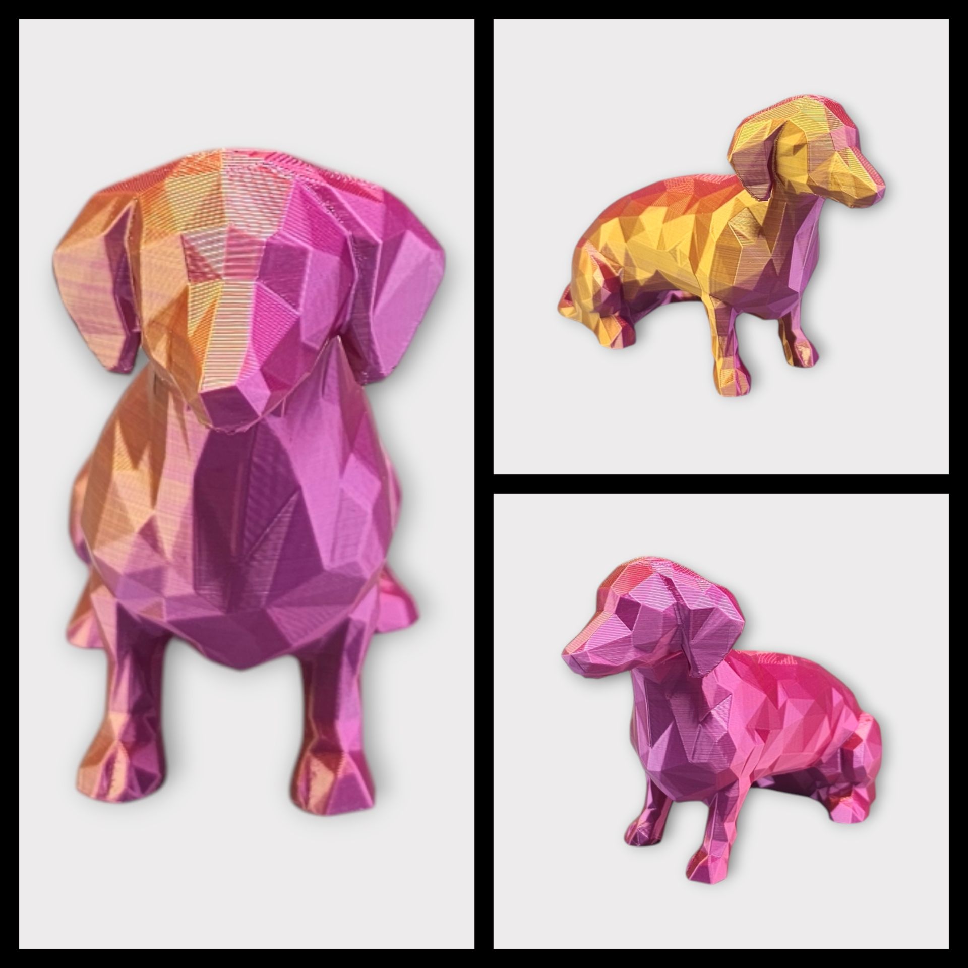 Drie aanzichten van een klein, low-poly teckelbeeldje met een metallic, iriserende kleurovergang van roze, oranje en goud.