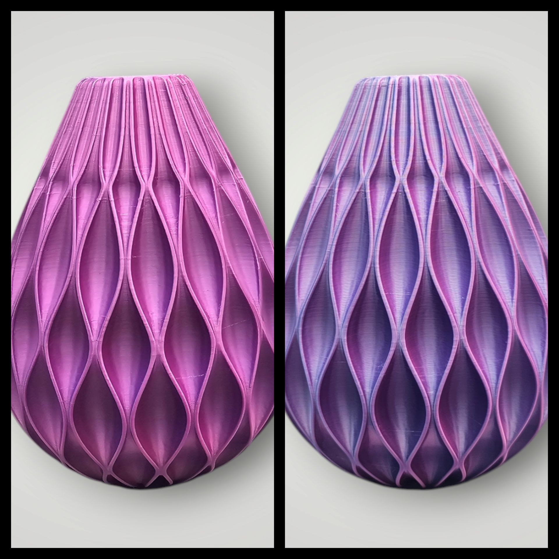 Twee vazen ​​met een geometrisch, geribbeld, druppelvormig patroon, links in roze en rechts met een paarsblauwe kleurovergang.
