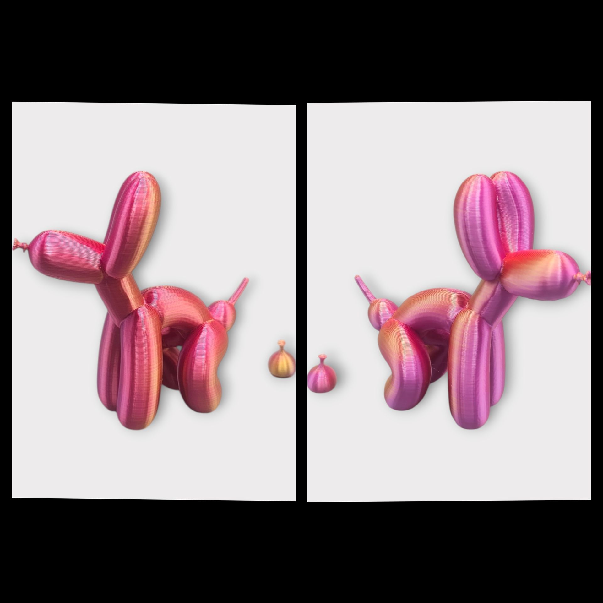 Twee metallic roze ballonhonden, naast elkaar afgebeeld, elk met een loshangende ballondruppel erachter.