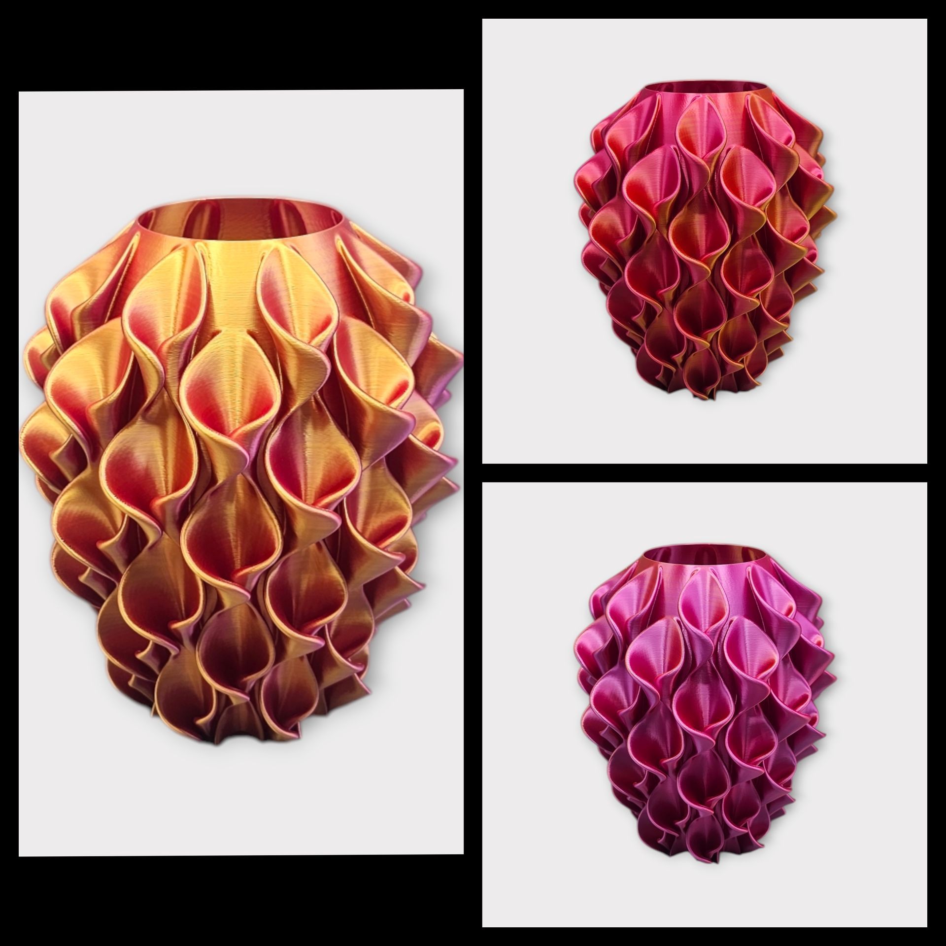 Drie 3D-geprinte vazen ​​met een gegolfde, bloembladachtige textuur, weergegeven in goud-oranje, rood-oranje en paars-magenta kleurschakeringen.