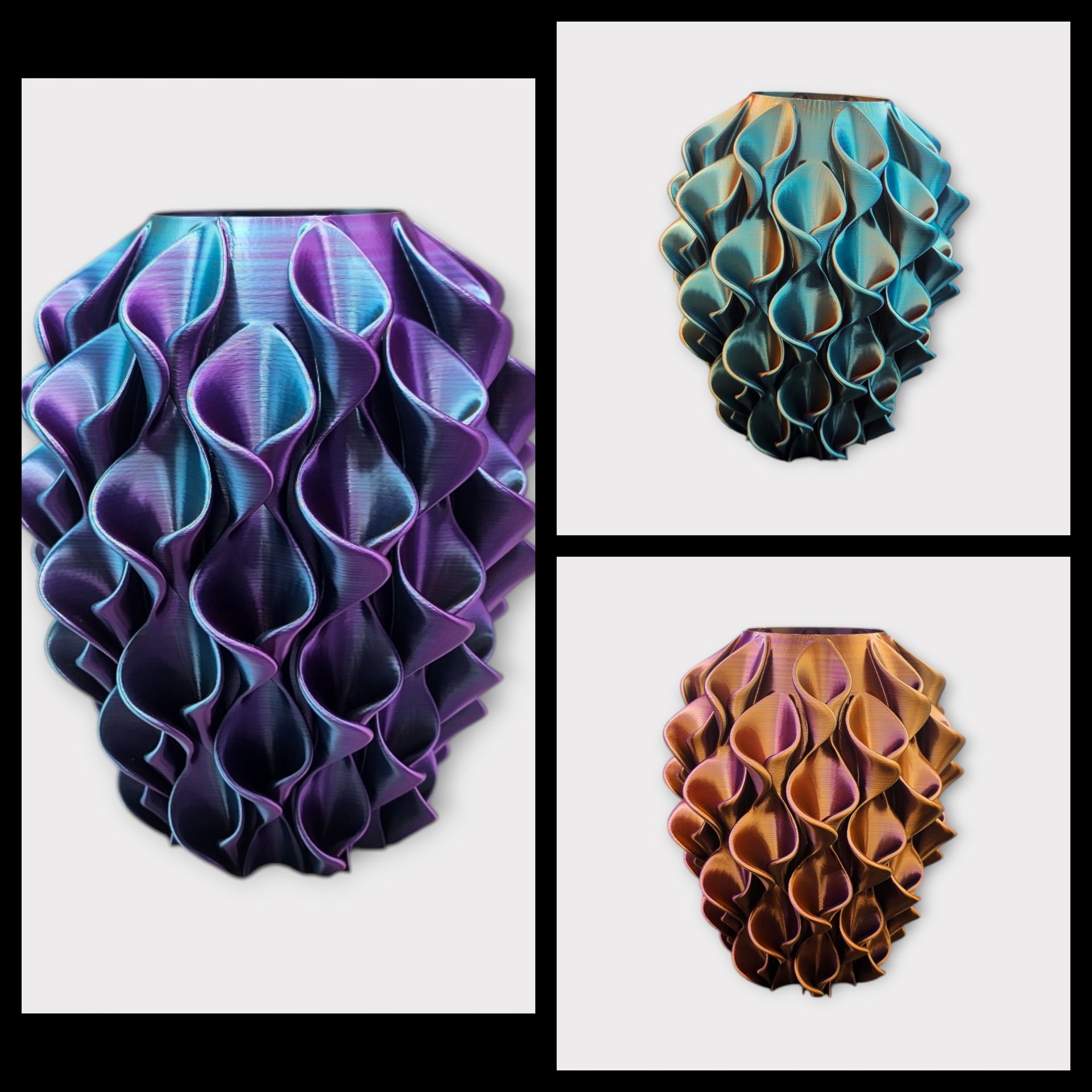 Drie 3D-geprinte vazen ​​met een gegolfd, schubachtig patroon, uitgevoerd in filamenten met een kleurverloop in blauwpaars, turquoise en bronsgoud.