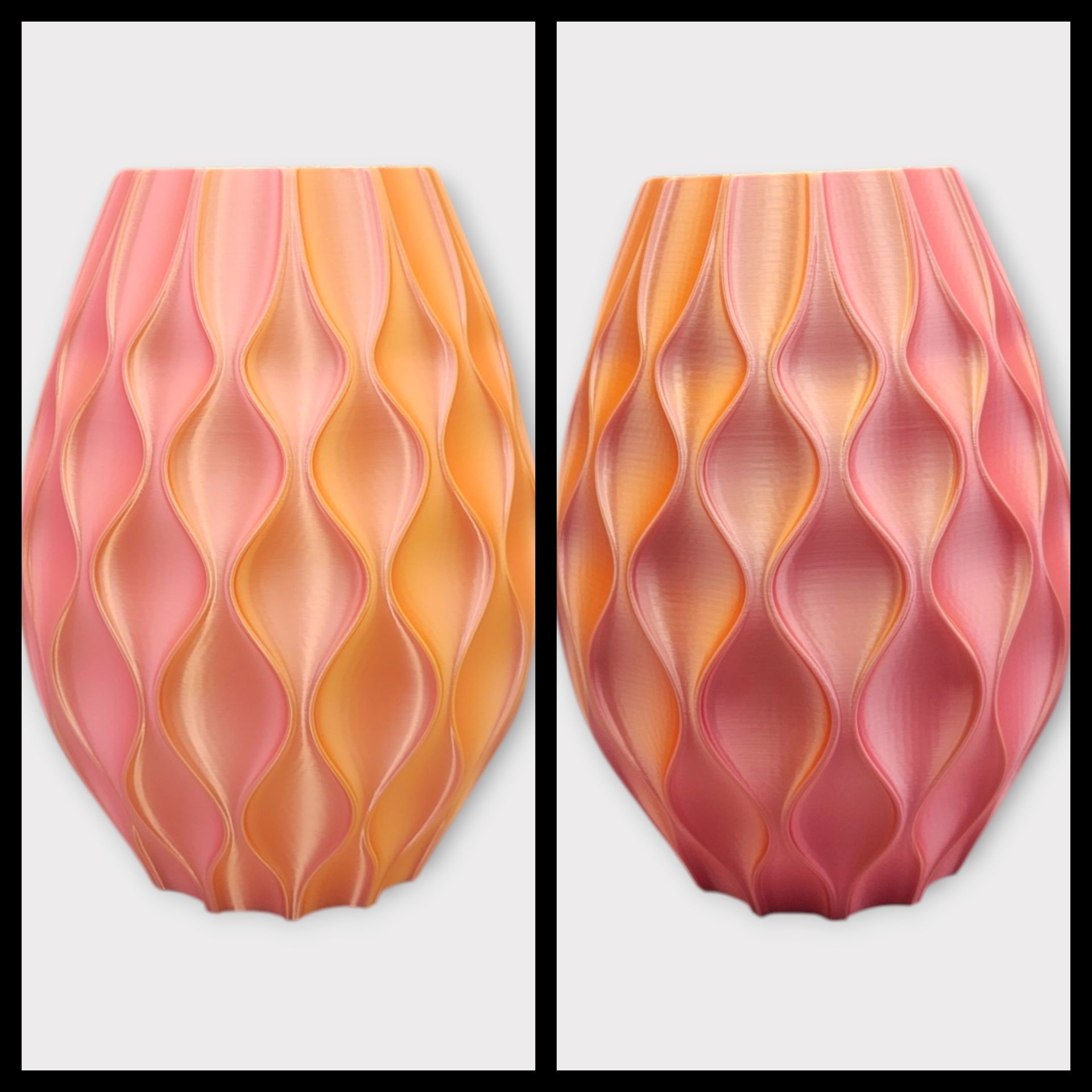 Twee vazen met een 3D-geprint, geschulpd geometrisch patroon, naast elkaar, met een kleurverloop van roze naar oranje.