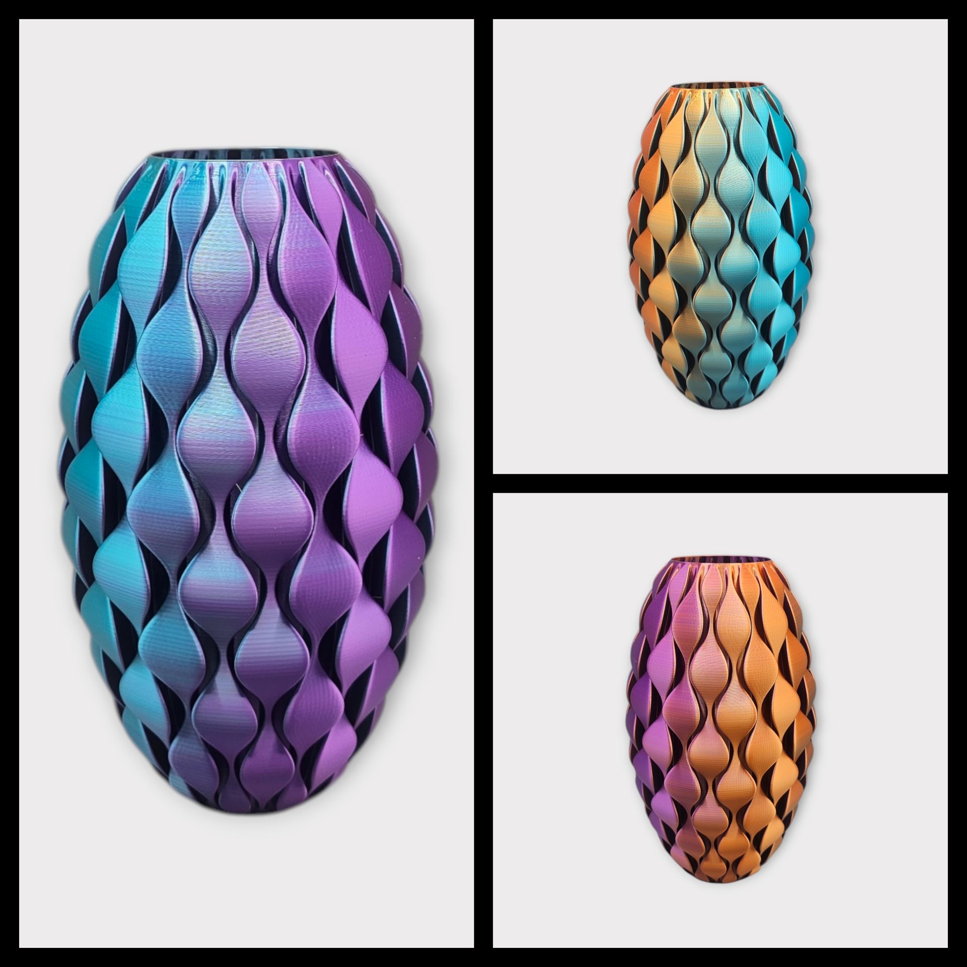 Drie 3D-geprinte vazen met herhalende schubpatronen in kleurverlopen van blauw, paars, turquoise en oranje.