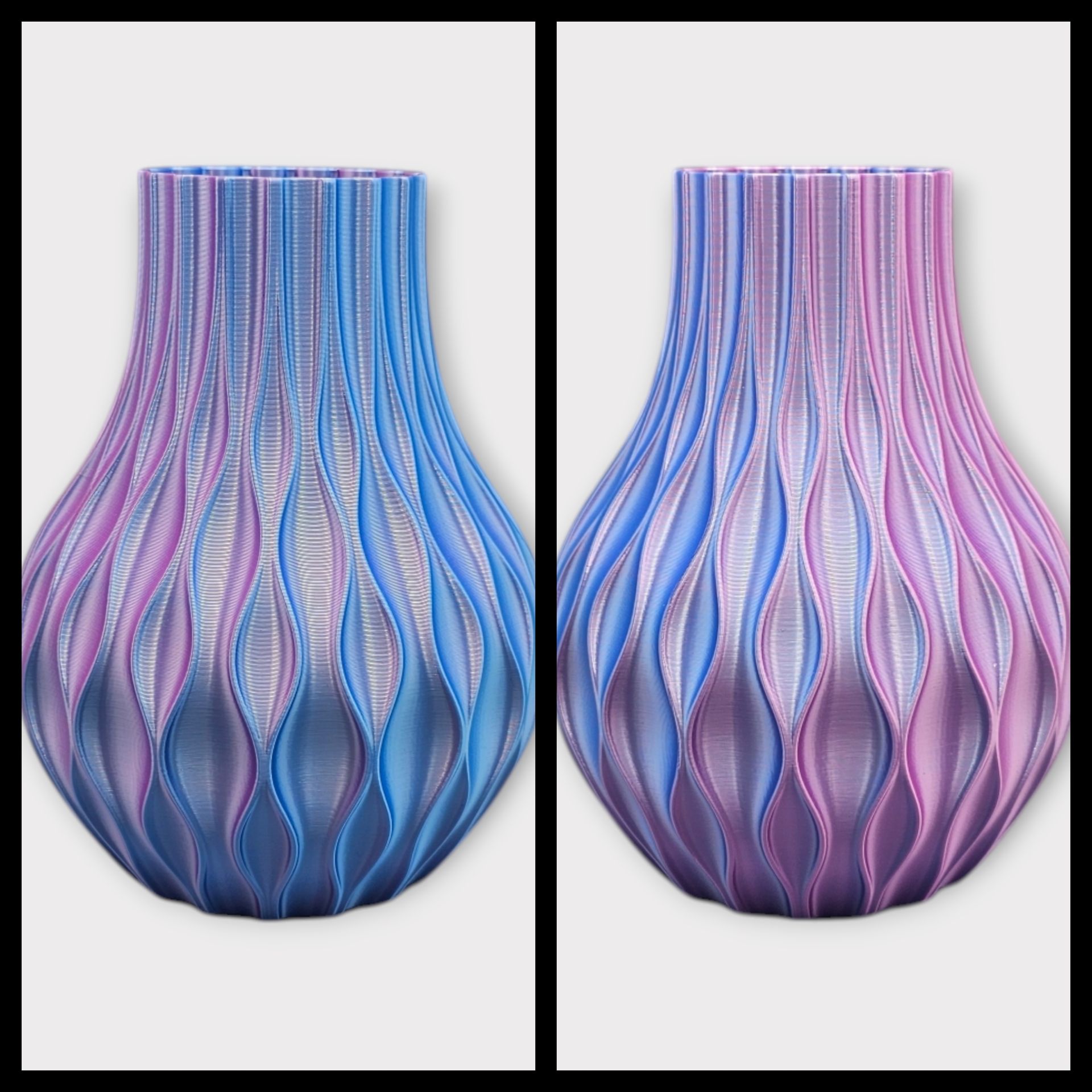Twee 3D-geprinte vazen met golvende, gestructureerde patronen, de ene met blauwe en paarse tinten en de andere met blauwe en roze tinten.