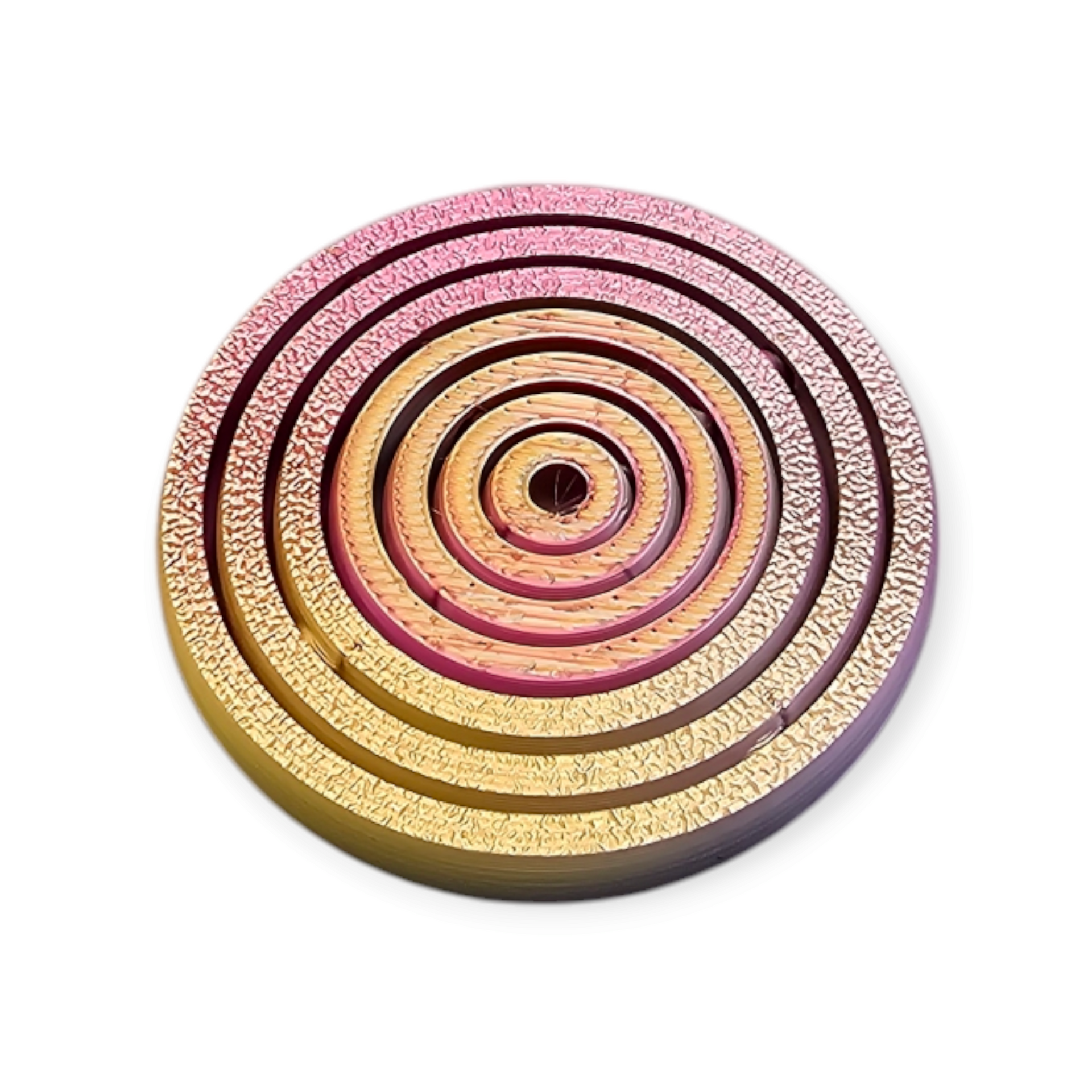 Een ronde, iriserende titanium fidget spinner met concentrische, gestructureerde metalen ringen.