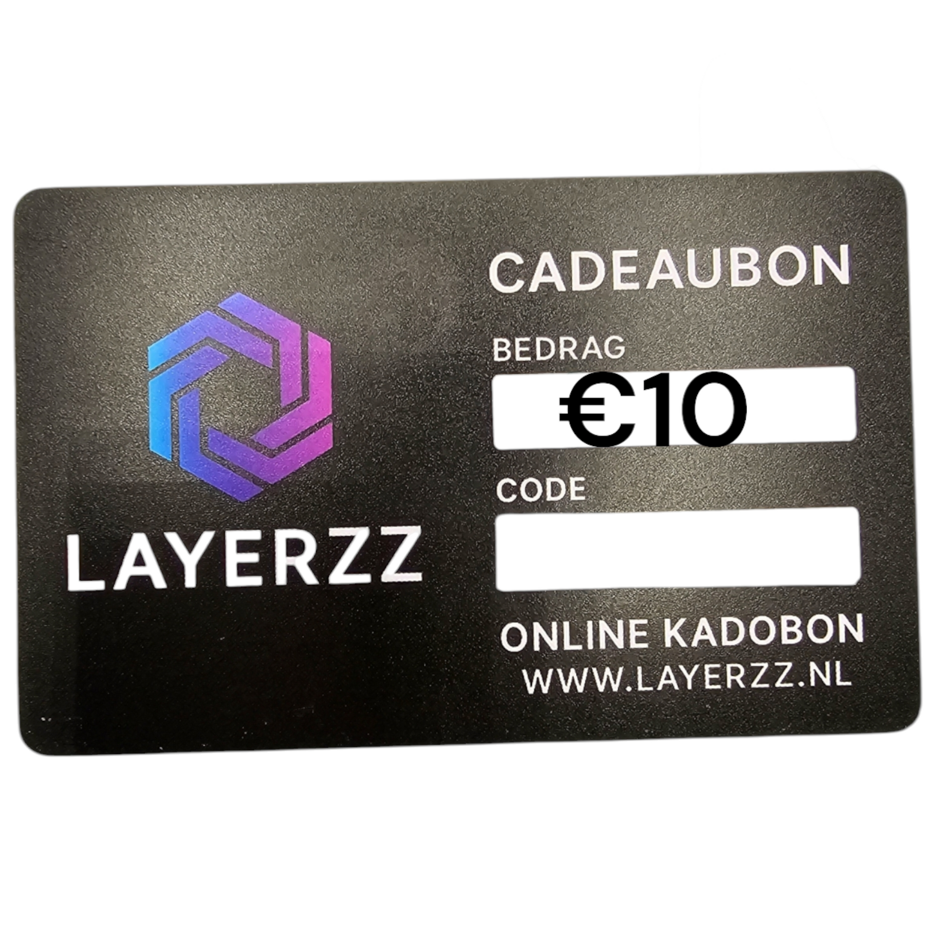 Een zwarte Layerzz-cadeaukaart met een paars zeshoekig logo, een waarde van "€10", een leeg veld voor de code en hun websiteadres.