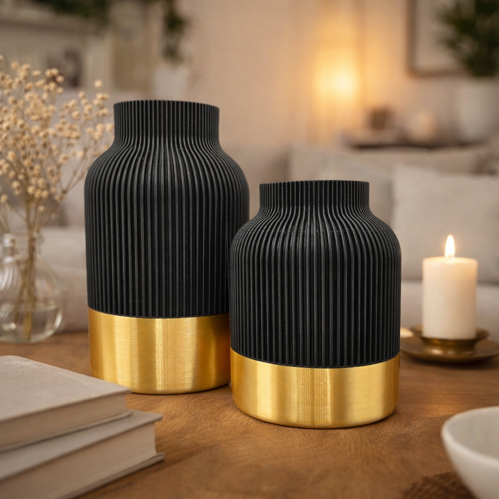 Twee geribbelde zwarte vazen met glanzende gouden voetstukken staan op een houten tafel, naast een brandende kaars en opgestapelde boeken.