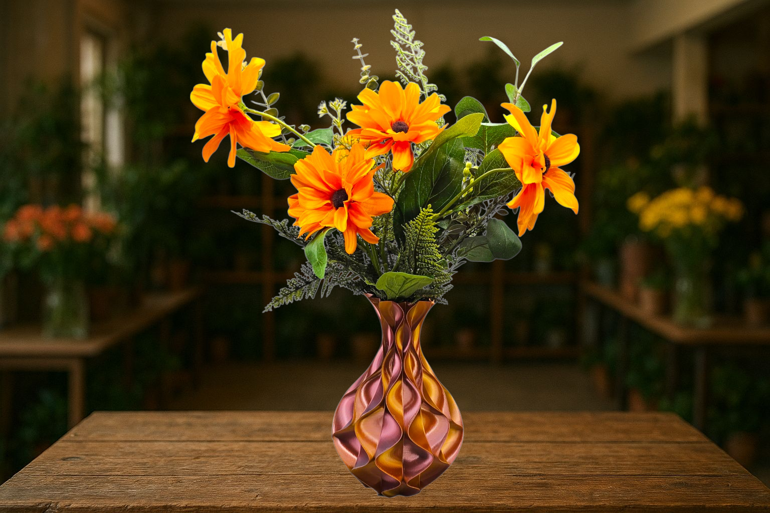 Een levendig boeket oranje bloemen in een vaas met een bijzondere structuur en iriserende glans, op een rustieke houten tafel in een bloemenwinkel.