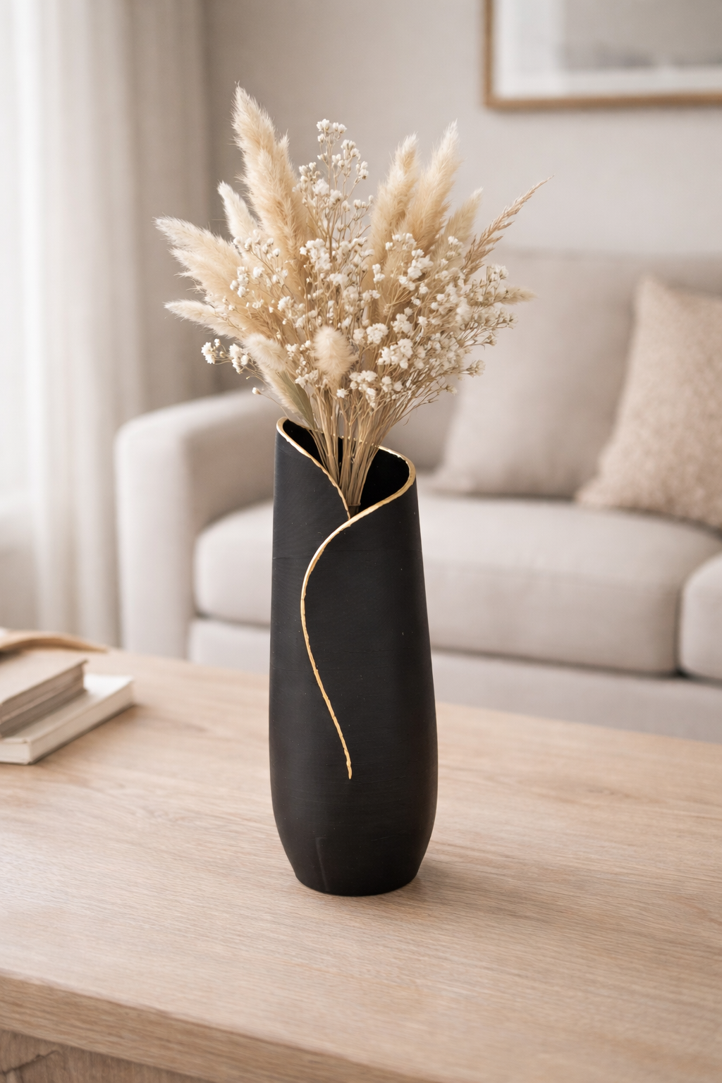Een zwarte, moderne vaas met een spiraalvormig ontwerp en een gouden rand bevat een arrangement van gedroogde bloemen op een houten tafel in een woonkamer.