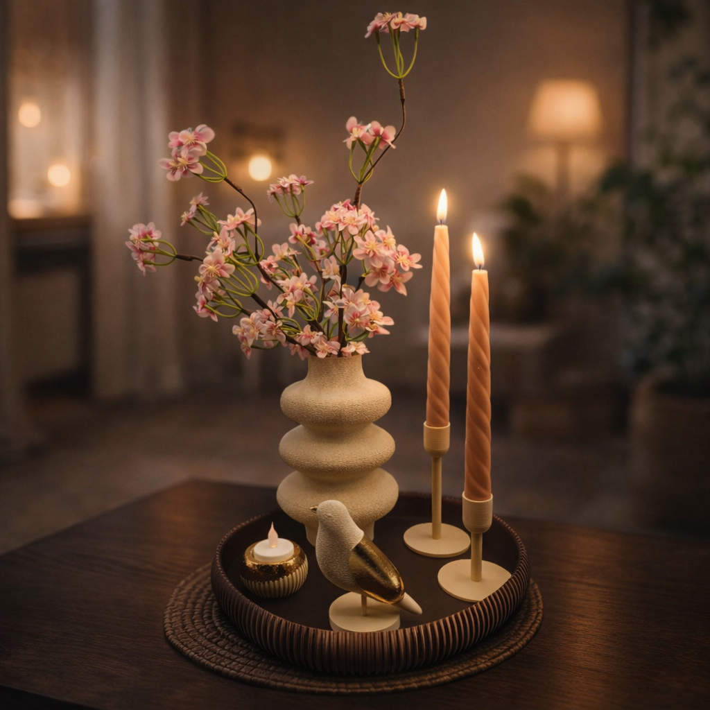 Op een decoratief dienblad op een marmeren tafel staan een vaas met kersenbloesems, twee smalle kaarsen en een vogelbeeldje.