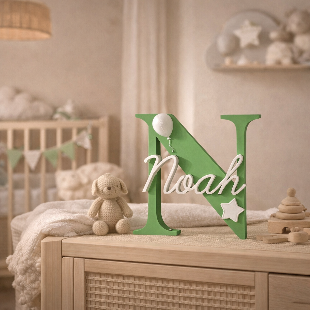 Een groene letter N-decoratie met de naam