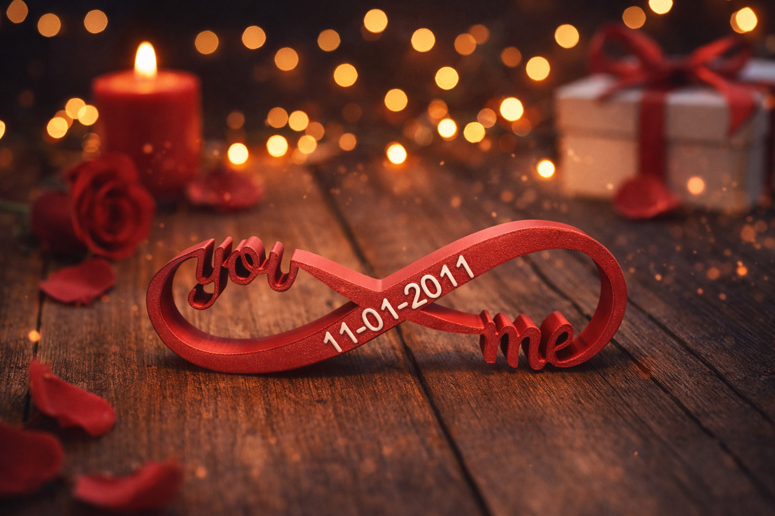 Een rood oneindigheidssymbool op een houten tafel, met de inscripties