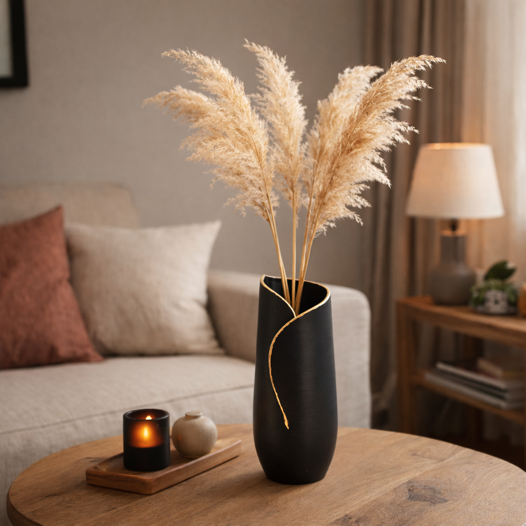 Een moderne, matzwarte vaas met gouden rand, gevuld met pampasgras, staat op een houten salontafel in een gezellige, neutraal getinte woonkamer.