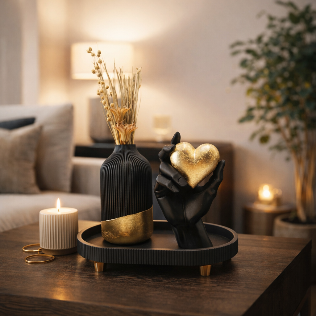 Een zwarte vaas en een sculpturale hand die een gouden hart vasthoudt, staan op een zwart dienblad met een brandende kaars op een houten tafel.
