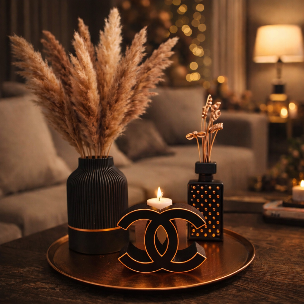 Een decoratief dienblad met pampasgras in een geribbelde vaas, een kaars met Chanel-logo en een fles met studs in een gezellige woonkamer.