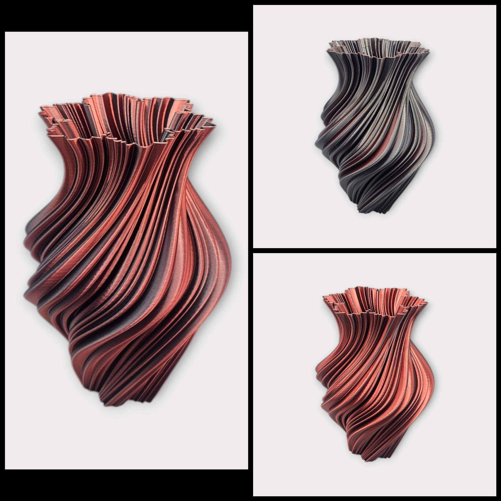 Drie aanzichten van een 3D-geprinte vaas met een spiraalvormige, golvende textuur in donker koper en metallic zwart.
