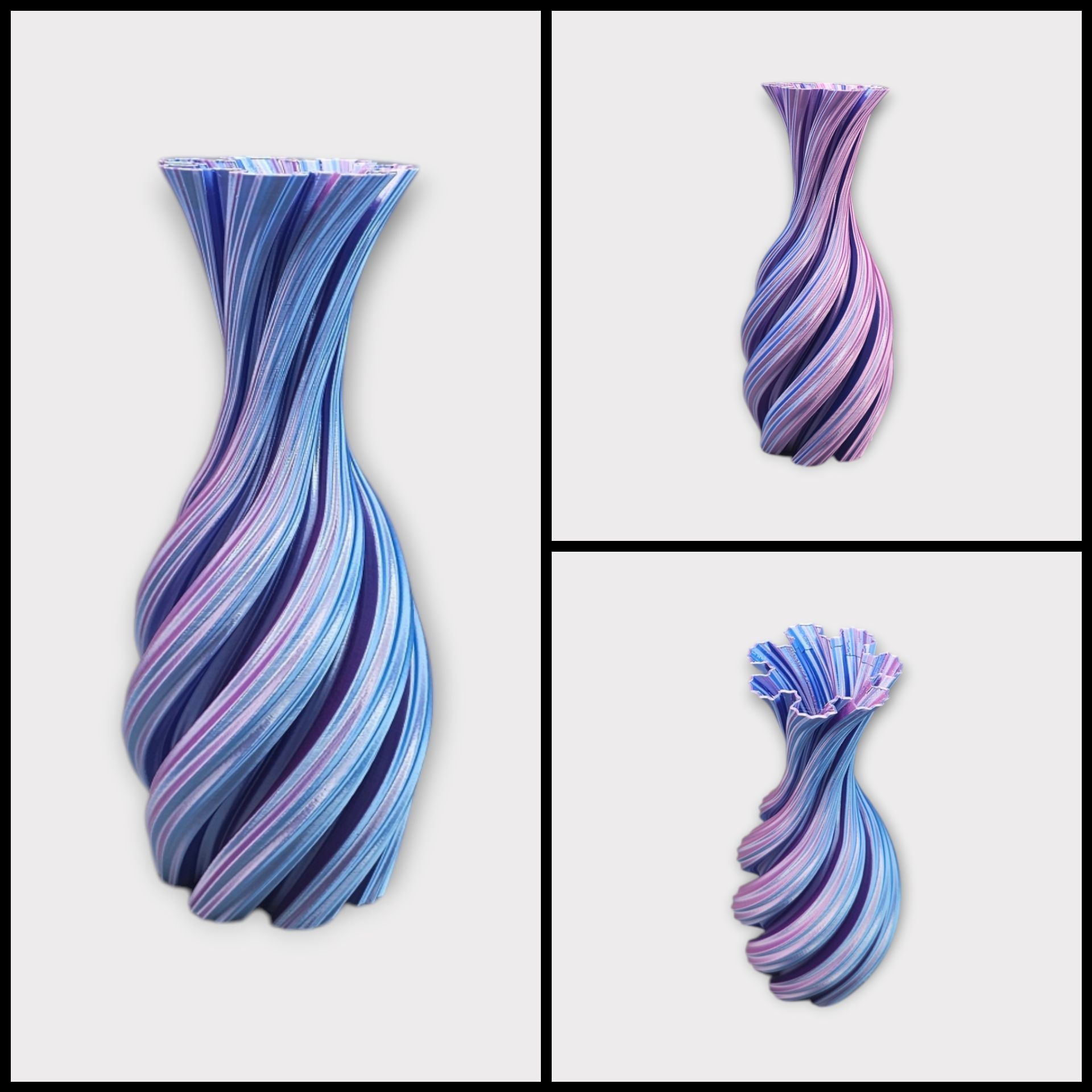 Drie aanzichten van een 3D-geprinte vaas met een spiraalvormige, geribbelde textuur in verlopende tinten paars, blauw en roze.