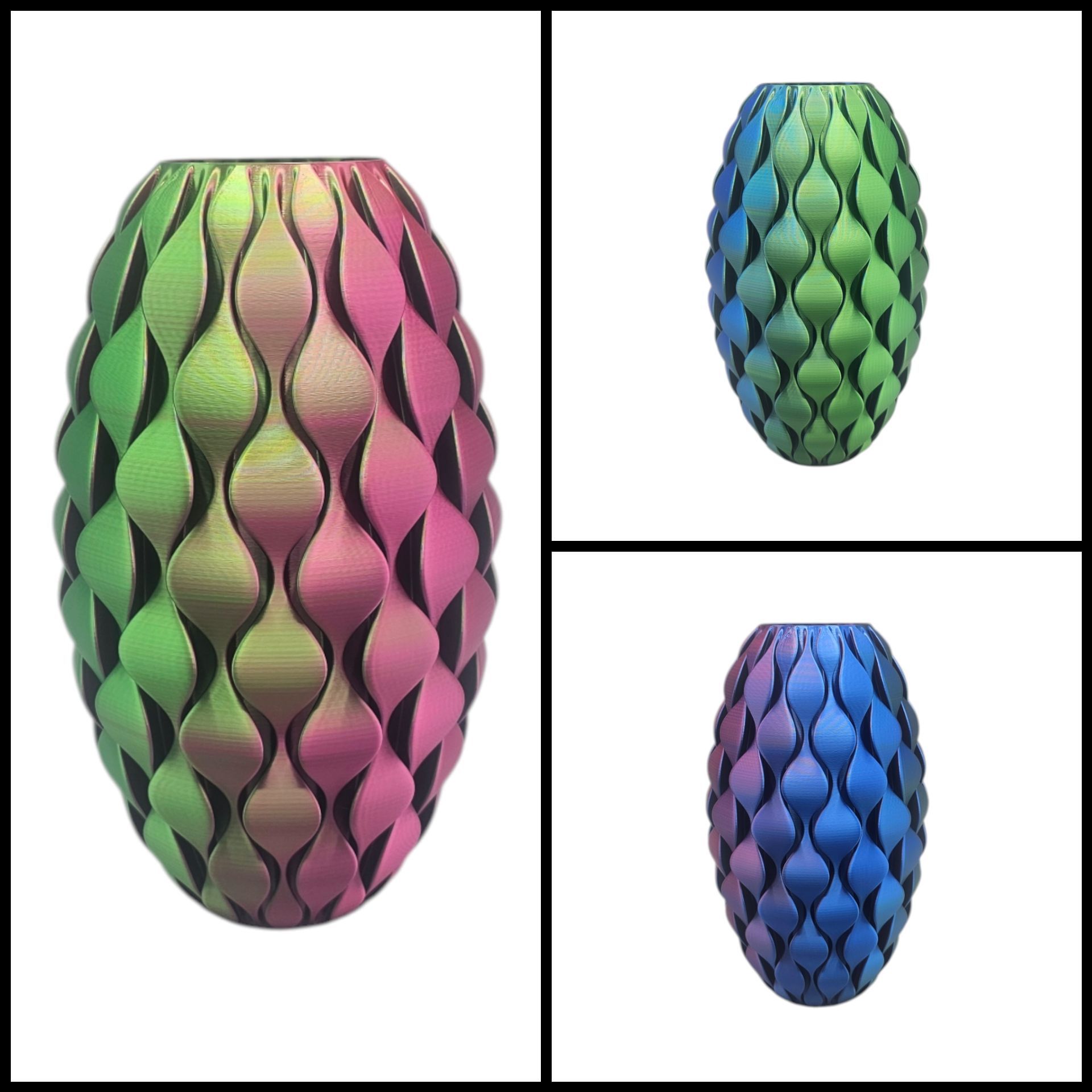 Drie 3D-geprinte vazen met een herhalend schubbenpatroon, uitgevoerd in kleurverlopen van roze/groen, groen/blauw en paars.