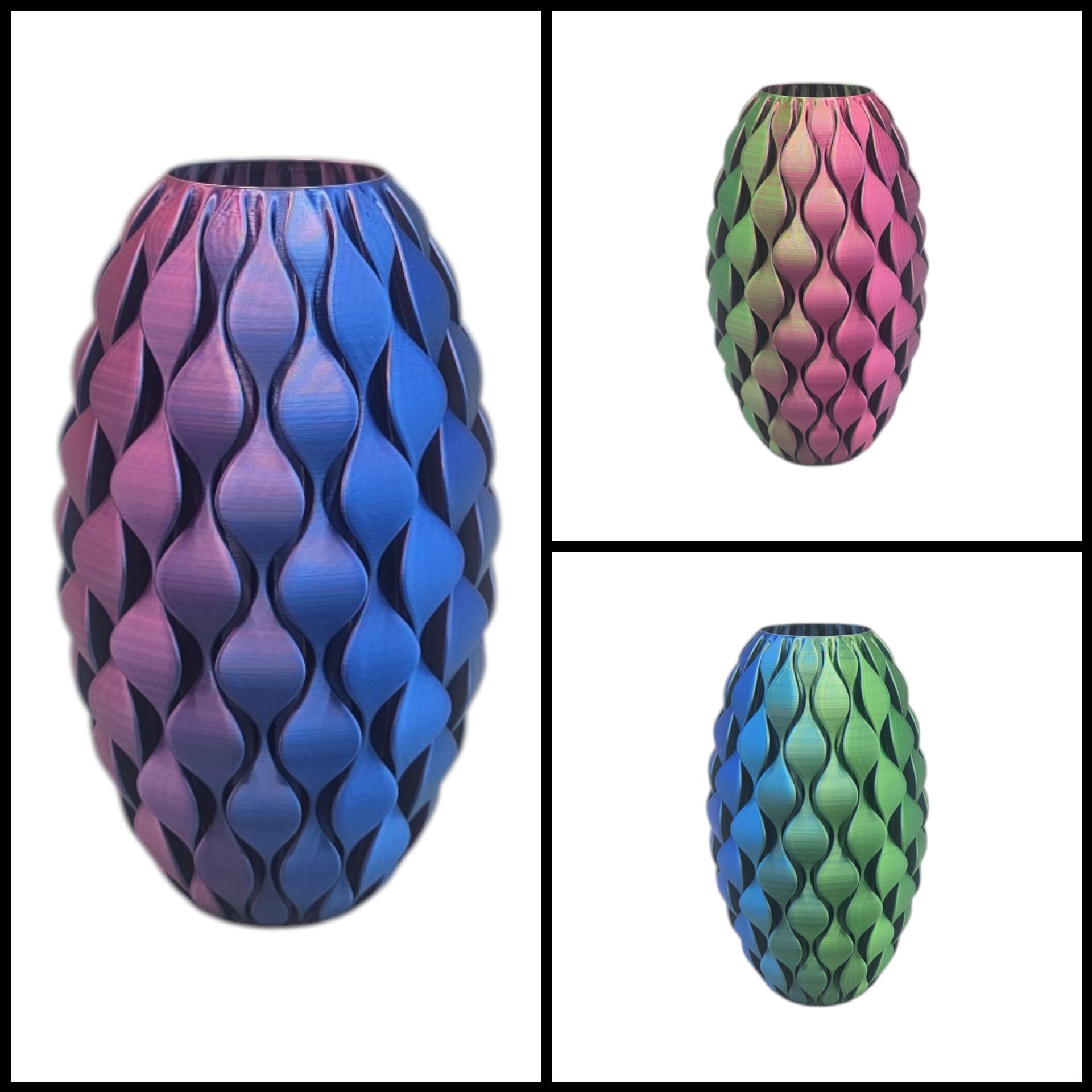 Drie 3D-geprinte vazen met een herhalend golfpatroon, elk met een andere kleurschakering van iriserende metallic tinten.