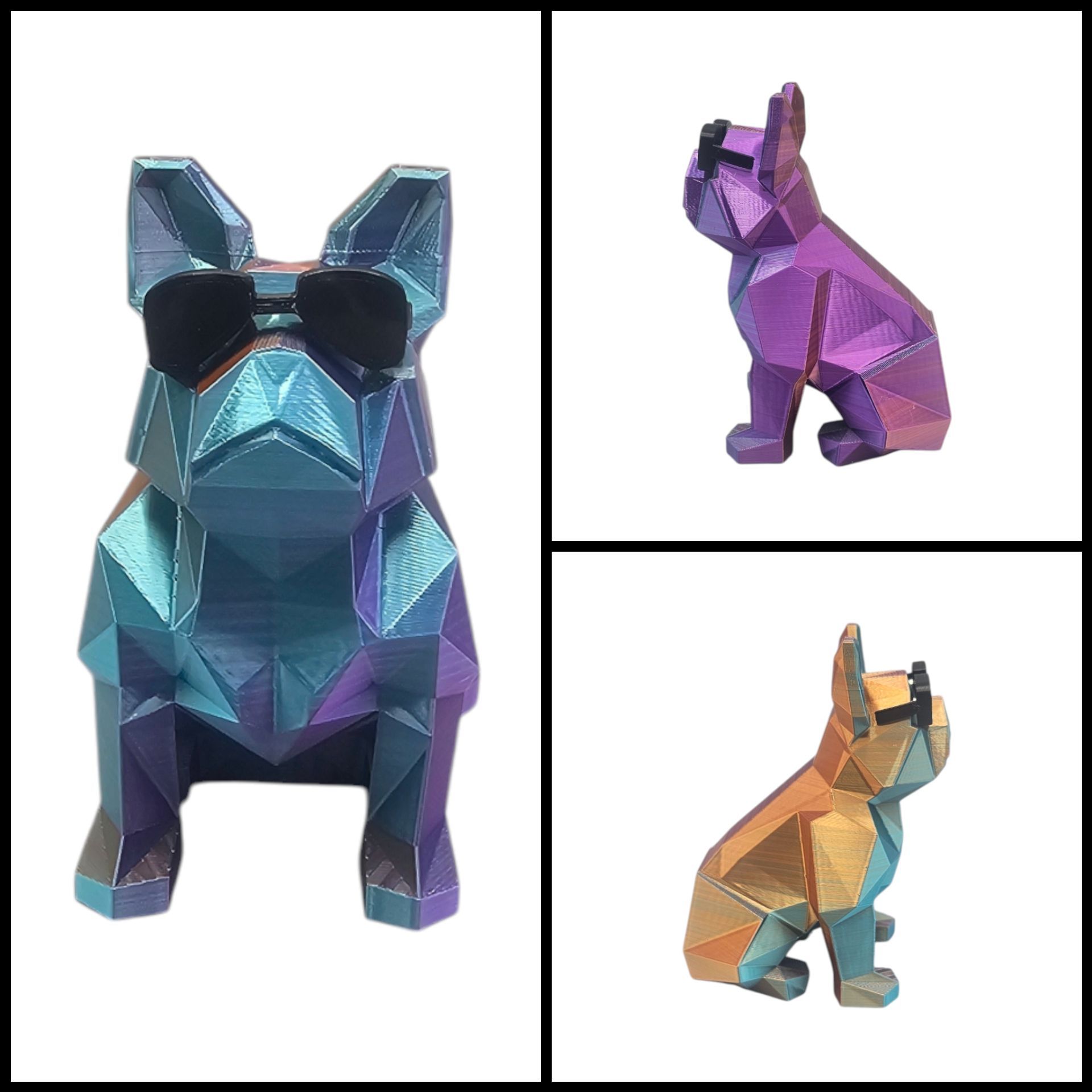 Drie aanzichten van een geometrisch, low-poly model van een Franse bulldog met zonnebril, voorzien van een kleurveranderende afwerking.
