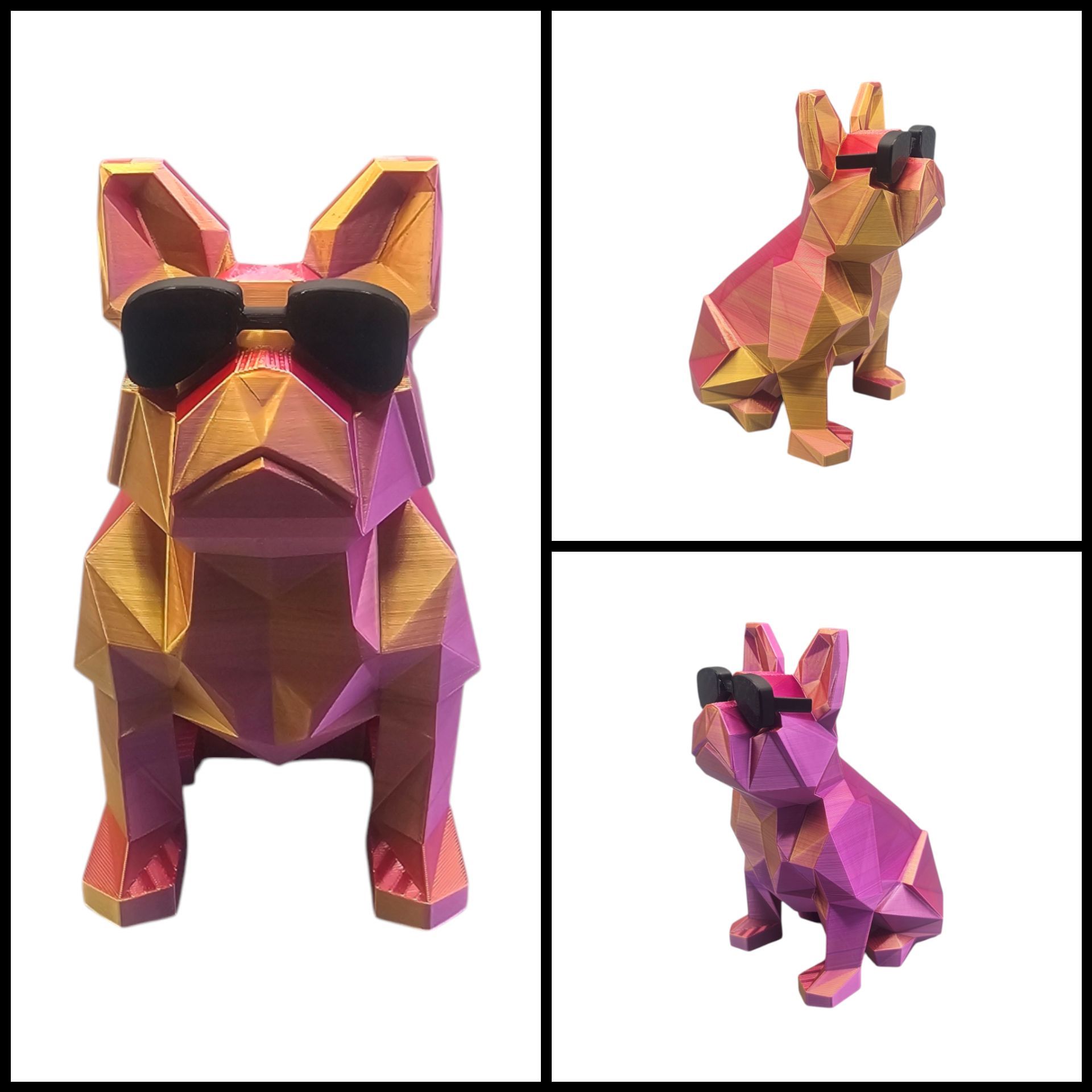 Een geometrisch, low-poly figuurtje van een Franse bulldog in metallic roze en goud met een zwarte zonnebril, weergegeven vanuit drie verschillende perspectieven.