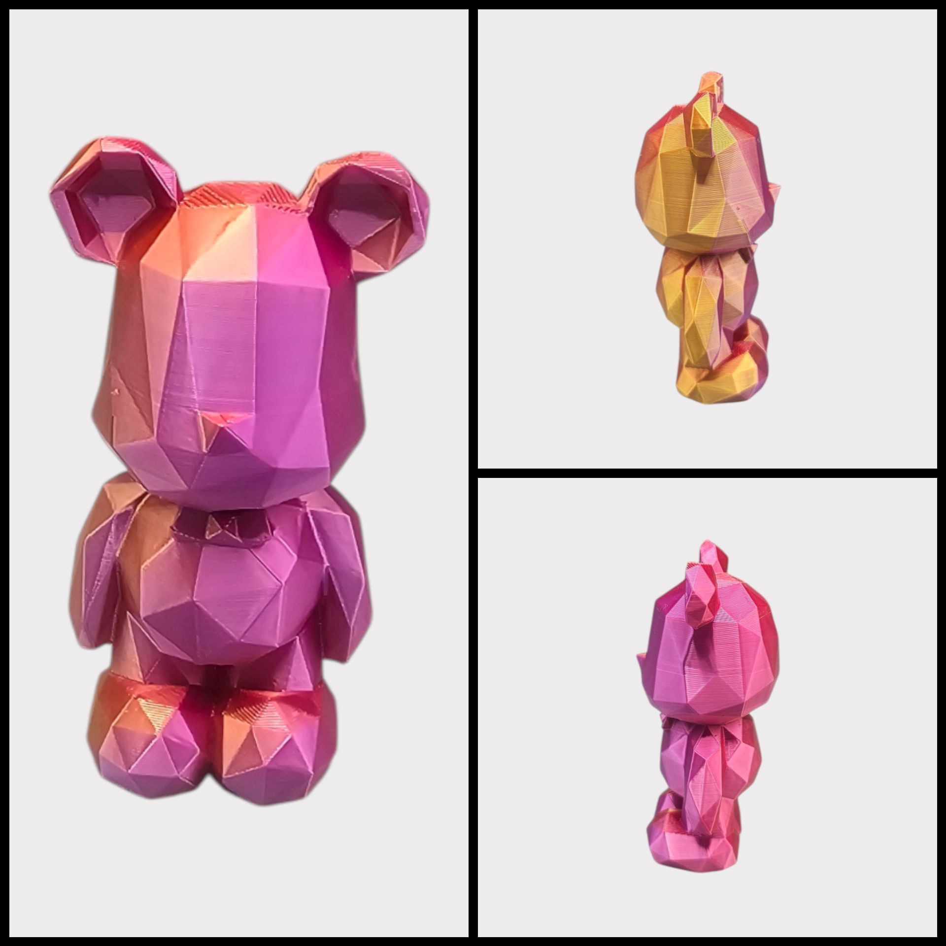 Een geometrische, low-poly teddybeerfiguur in een metallic, iriserende roze en gouden afwerking, getoond vanuit drie hoeken.