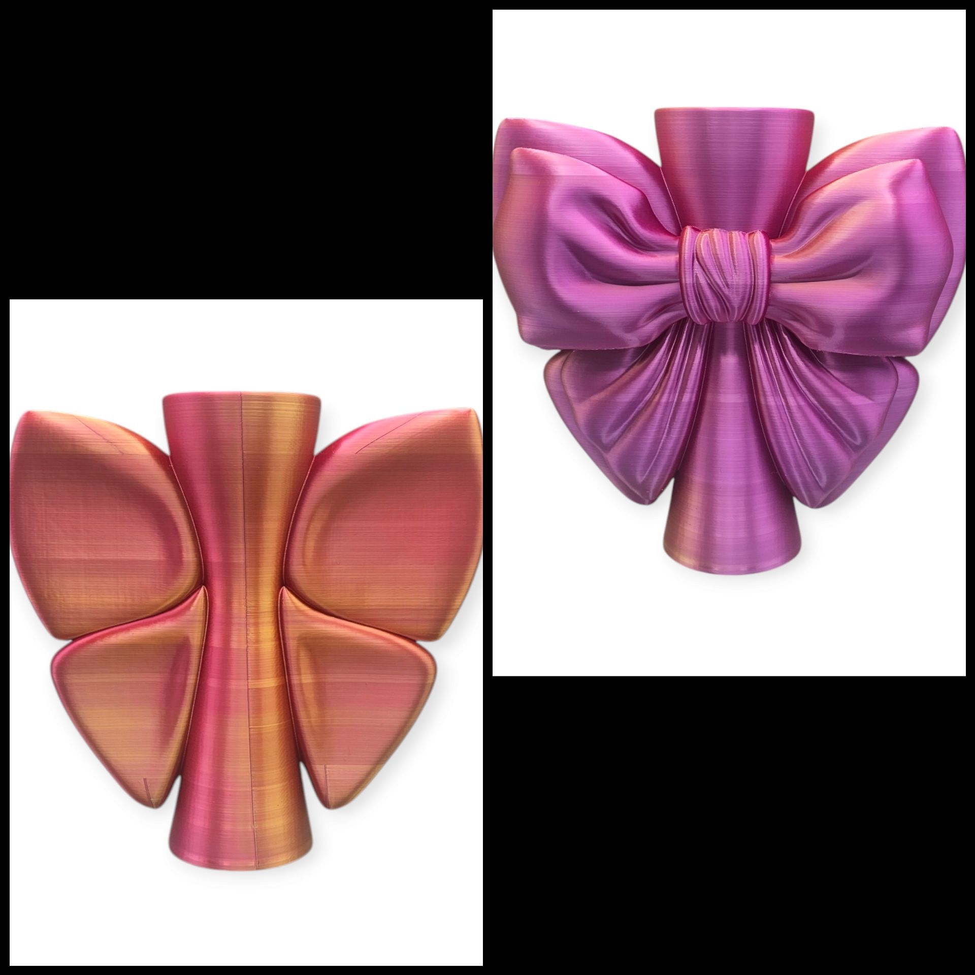 Twee 3D-geprinte decoratieve objecten: één met eenvoudige, gladde vleugelachtige vormen en één met gedetailleerde, geknoopte strikken.